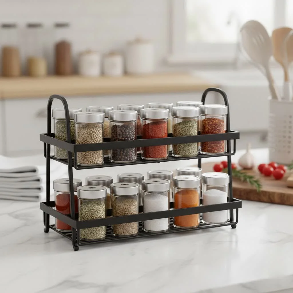 Organized spices in a cupboard mounted rack
