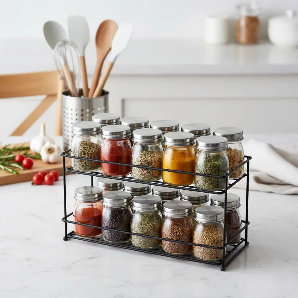 Organized spices on a cabinet door spice rack