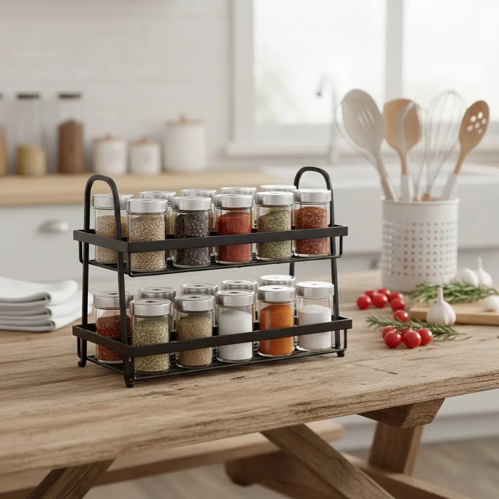 Organized spices on a countertop spice rack