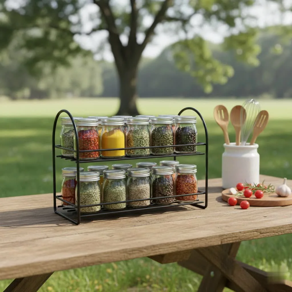Organized kitchen cabinet with various spice racks