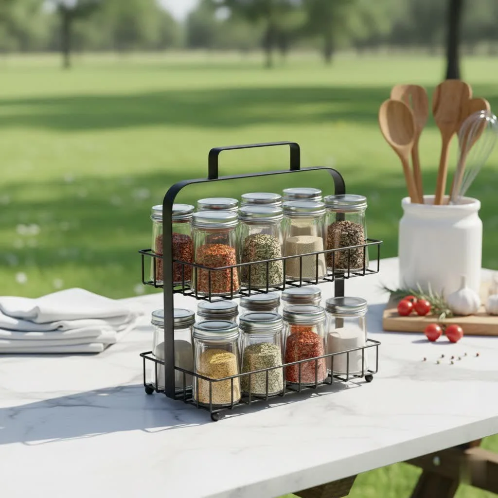 Hanging spice rack in a modern kitchen
