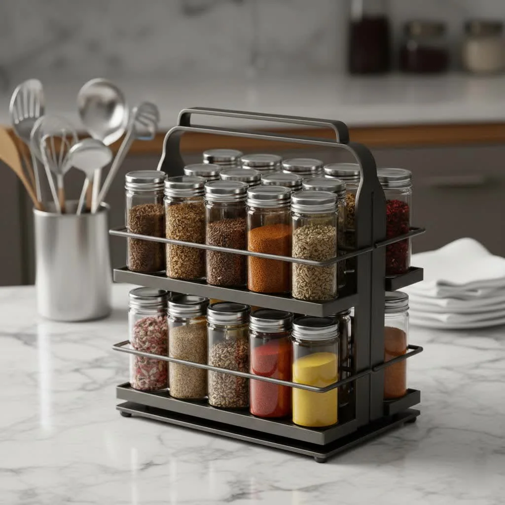 Revolving countertop spice rack with various spices