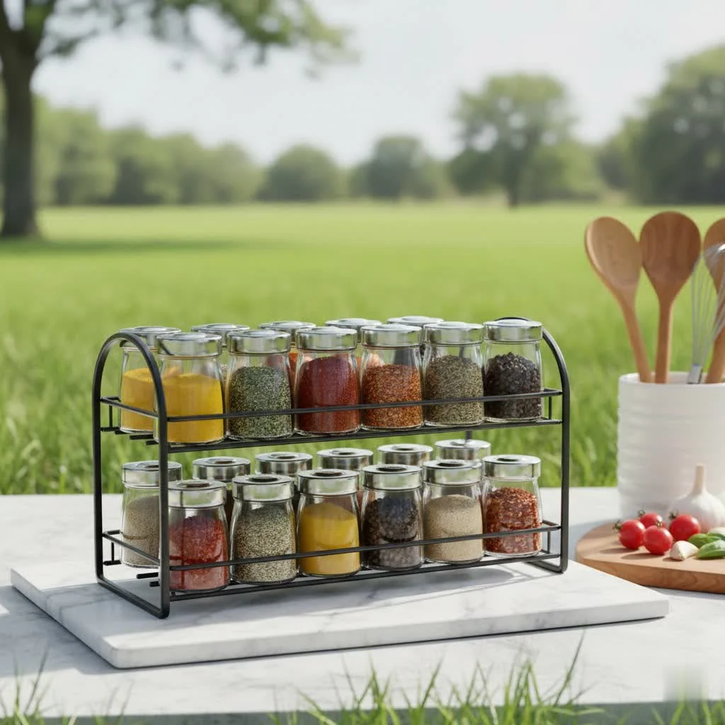 Magnetic spice racks on a fridge for kitchen organization