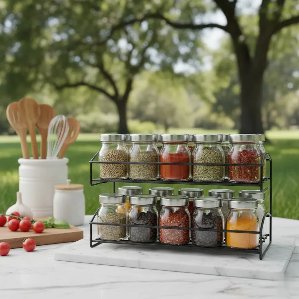 Revolving spice rack with various spices