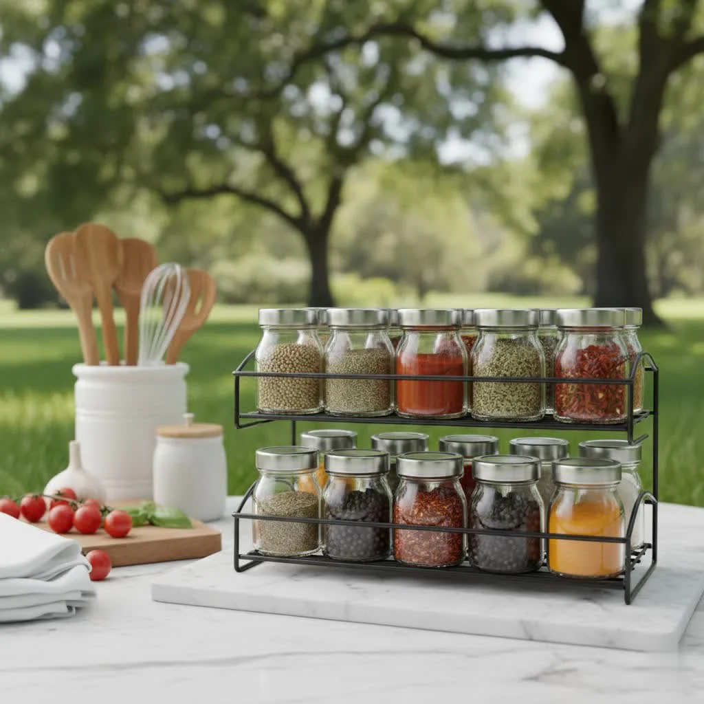 Organized spice rack with various spices