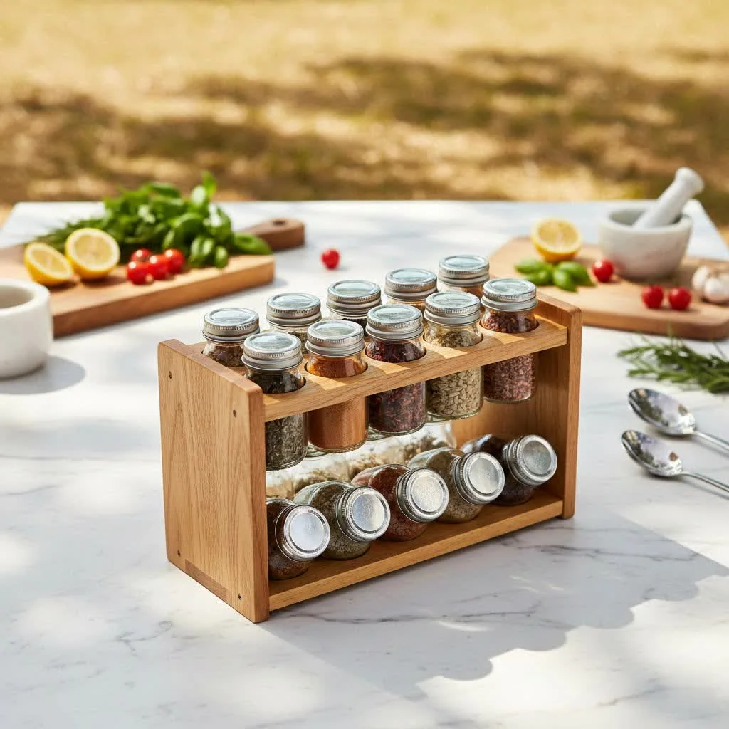 Organized spice jars on a kitchen shelf