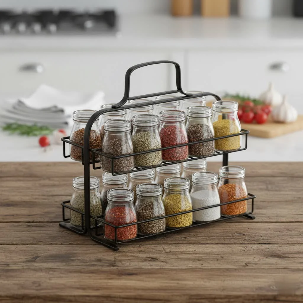 Organized kitchen wall with a sleek, black tiered spice rack holding various spice jars