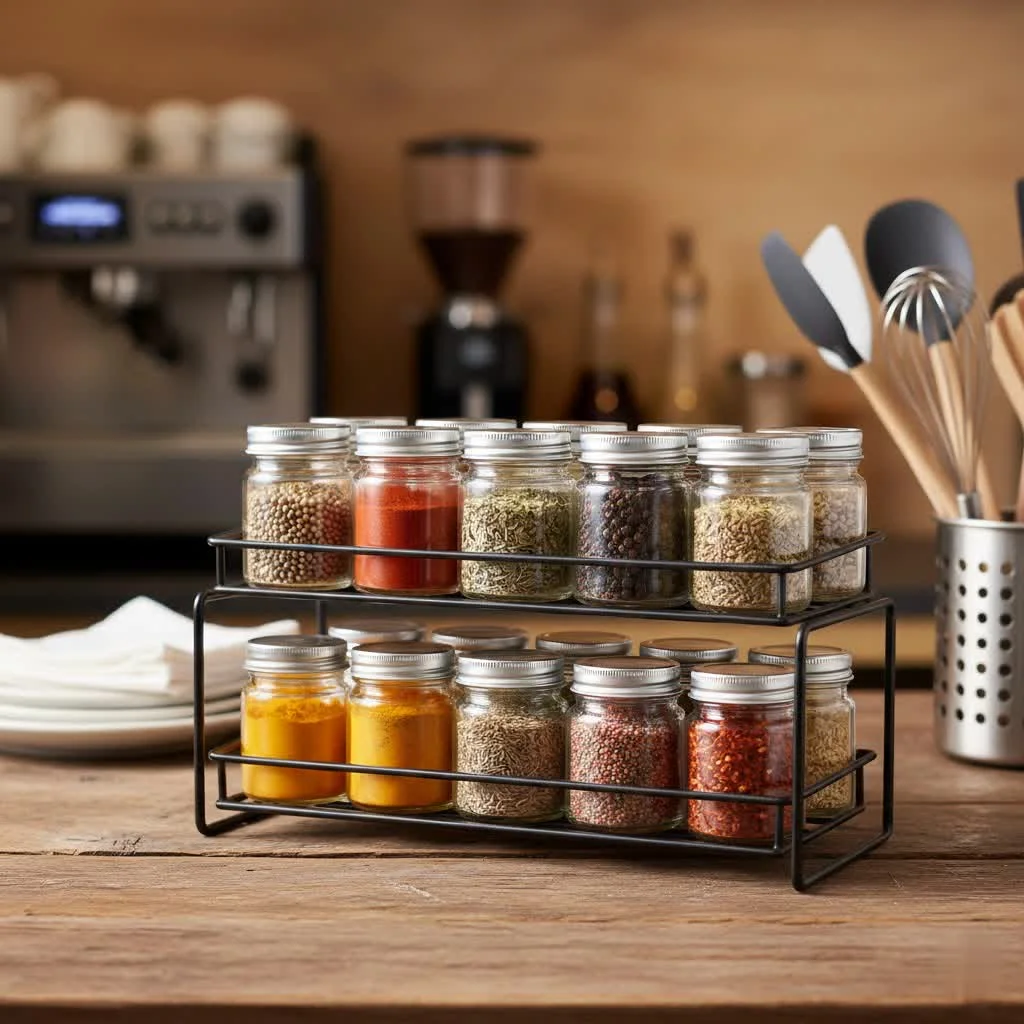 Wooden spice racks bring rustic charm and organization