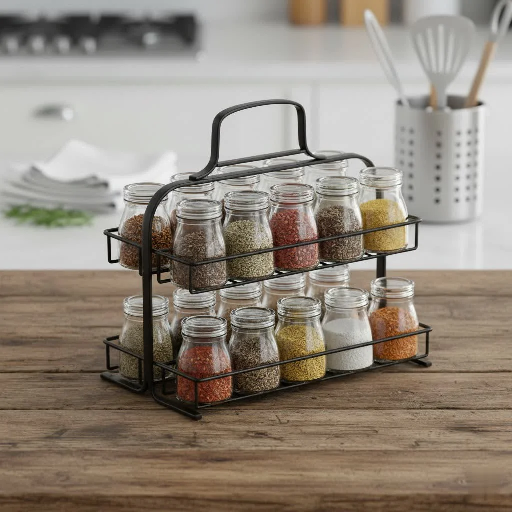 Organized pull out spice rack in a modern kitchen